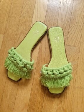 Lime Green Fringe Slide Sandals - Women